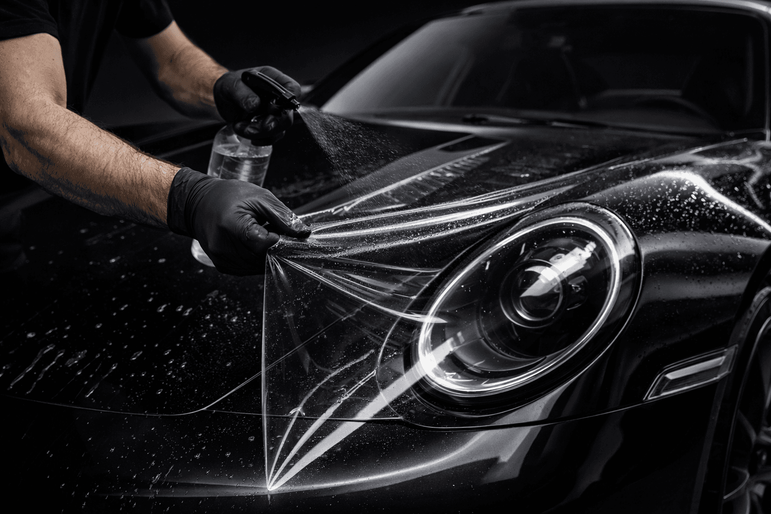 Installer applying paint protection film to the front corner of a black sports car