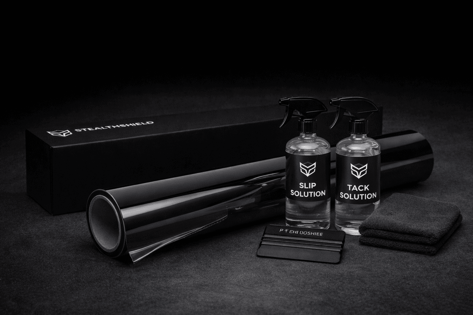 StealthShield paint protection film kit contents arranged on a dark background